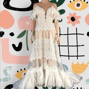 Sorayan | Nude Illusion White Lace Tulle Boho Off The Shoulder Wedding Dress